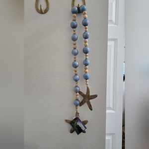 Coastal Wooden Bead Wall Decor with Starfish | Beach House Nautical Hanging Deco